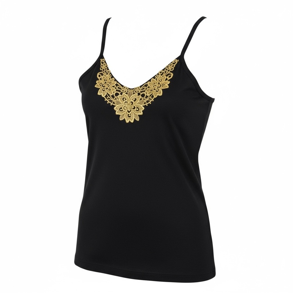 TANK TOP WITH LACE NWOT Black Cotton V-neck gold lame lace form fitting - Picture 2 of 10
